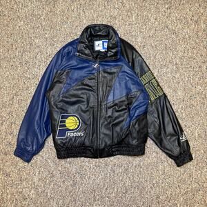 Vintage Logo Athletic Indiana Pacers Leather Jacket Mens L Black & Blue NBA